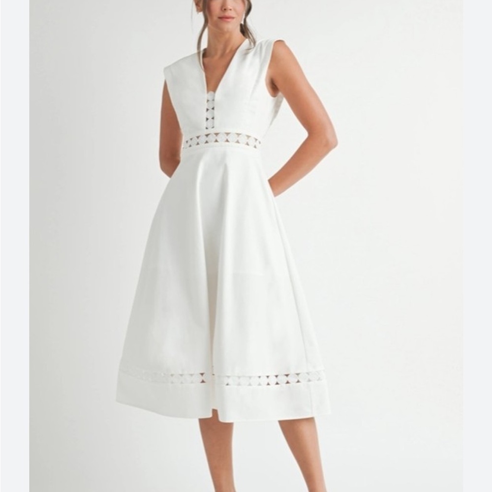 Eb Luxe White Midi Dress With Crochet Lace Trim Details